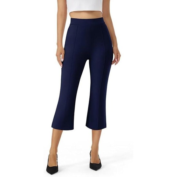 Women's‎ High-Waisted Cropped Pants – Wide Leg, Stretch, Pockets (Navy, Medium) - Picture 1 of 5